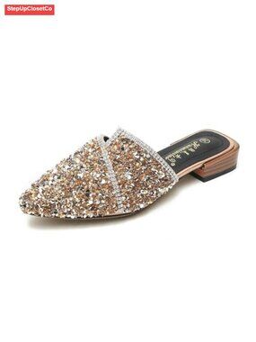 Pointed Toe Mules Flats Memory Foam Rhinestone Rivet Slip-On Shoes